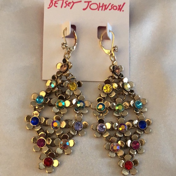 Betsey Johnson Gold Tone Flower Fest Chandelier Drop Earrings Crystal Accent NWT - Picture 2 of 12